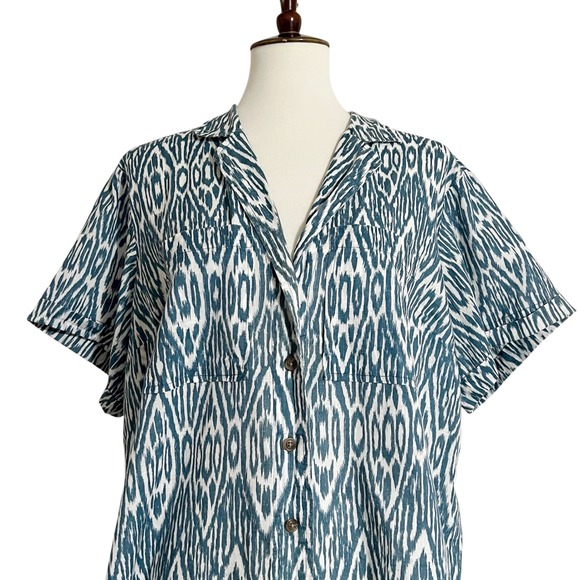 Anthropologie‎ Pilcro  Printed Voile Surf Button Front Shirt Blue Ikat Size 1X - Picture 11 of 12